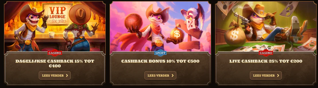 Lizaro Casino bonussen met 15% dagelijkse cashback tot €400, 10% sportcashback tot €500 en 25% live cashback tot €200