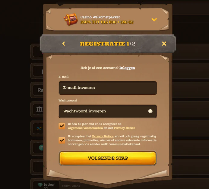 Lizaro Casino registratieformulier met e-mail, wachtwoord en een welkomstpakket van 350% tot €16.000 + 350 gratis spins
